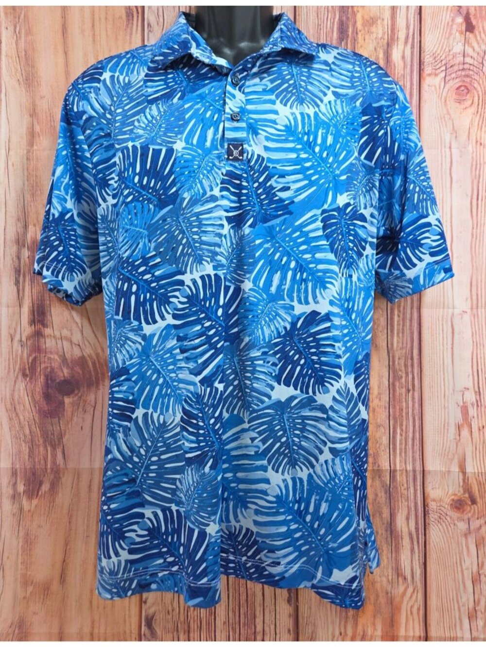 CON.STRUCT Blue Tropical Leaf Print Mens Polo Shirt Large